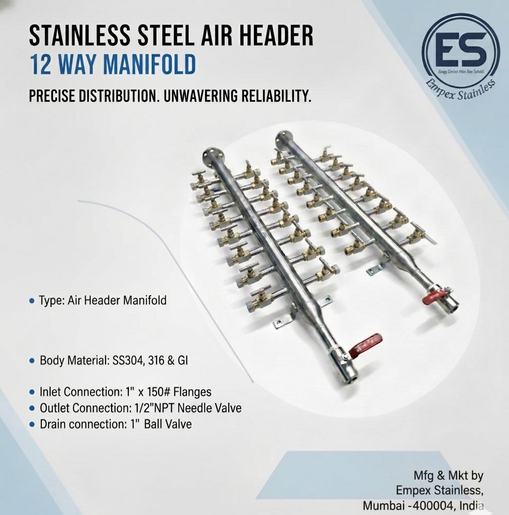 Air Headers, Air Distribution Manifolds needle valve, air header with needle valve